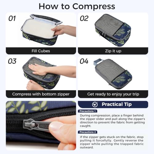 Image of BAGAIL 4 Set /6 Set /8 Set Compression Packing Cubes Travel Accessories Expandable Packing Organizers (Half Mesh, 6-Navy Leaf)