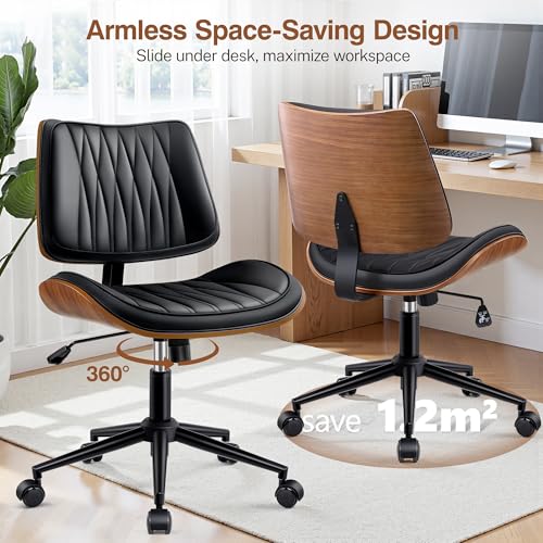 Image of Ergonomic Armless Office Desk Chair - Mid-Century Modern Black Faux Leather with Diamond Stitch, Adjustable Height Swivel Rolling Task Computer Chair with Walnut Accent for Home Office, Study & Work