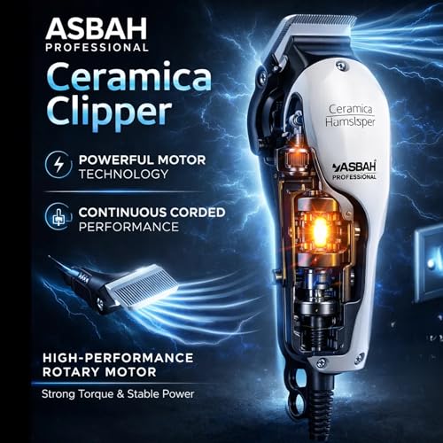 Image of ASBAH Professional Ceramica Clipper | Corded Trimmer With 8 Guide Comb | One Year Warranty, Lifetime Repair & Services (Multicolor) - Unisex
