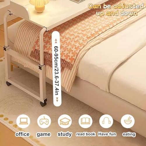 Extendable Rolling Mobility Table Over Bed,Adjustable Overbed Table with 360° Wheels - King Size Bed Rolling Tray Table for Living Room & Hospital Use - Sturdy Wood and Steel Frame