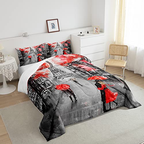 Red Paris Eiffel Tower Comforter Set Queen Size French Style Couple Lover Flower Bedding Sets For Girls Women Kids Quilted Duvet 1 Comforter + 2 Pillow Cases Romantic Bedroom Decor, Grey Black #TOP3