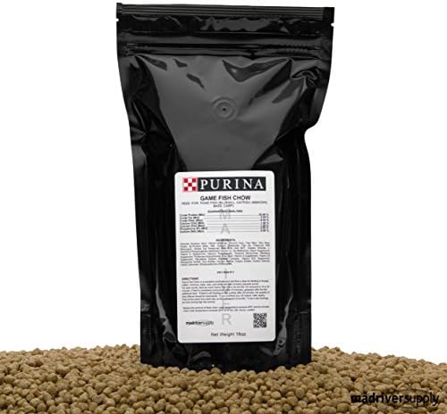 Mad River Purina Mills Game Fish Chow, 32% Protein, Extruded Multi-Particle Size Floating Diet for Bass, Bluegill, Catfish, Minnows, Carp, and Other Fish That Normally Populate Ponds, 18 Ounces