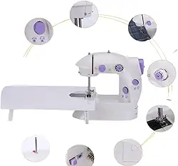 Mini Máquina de Costura Portátil, 2 Velocidades, Bivolt, Compacta com Pedal, Branca e Lilás