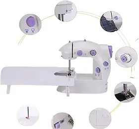 Mini Máquina de Costura Portátil, 2 Velocidades, Bivolt, Compacta com Pedal, Branca e Lilás