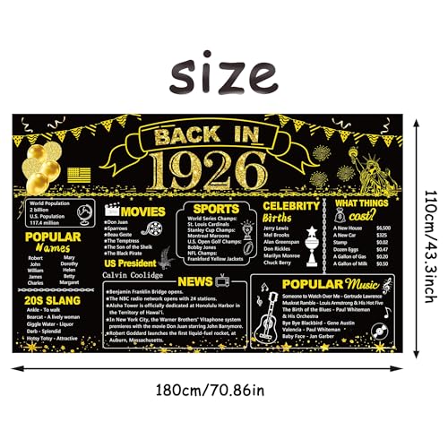 Image of DARUNAXY 100th Birthday Black Gold Party Decoration, Back in 1926 Banner 100 Year Old Birthday Party Poster Supplies, 6x3.6ft Large Vintage 1926 Backdrop Photography Background for Men and Women