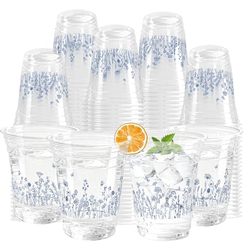 KOPOOEOE 100 Pcs Blue Floral Disposable Cups Chinoiserie Disposable Plastic Cups 12 oz Spring Summer Wildflowers Clear Plastic Cups Wedding Birthday Baby Shower Party Supplies