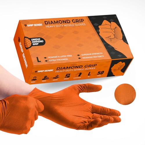 GripSense Nitrile Gloves (Pack of 50) - High Density Diamond Grip Orange Gloves - Latex & Powder Free Orange Nitrile Gloves Large - Mechanic Gloves Extra Thick & Super Strong - Max Dexterity L5 GripSense Nitrile Gloves (Pack of 50) - High Density Diamond Grip Orange Gloves - Latex & Powder Free Orange Nitrile Gloves Large - Mechanic Gloves Extra Thick & Super Strong - Max Dexterity L5