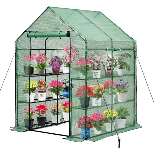 Outdoor Walk-in Greenhouse with Shelves and Screen Windows