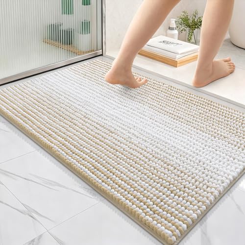 Image of OLANLY Bathroom Rugs 36x24, Extra Soft Absorbent Chenille Striped Bath Rugs, Rubber Backing, Machine Wash Dry, Bath Mats for Bathroom Floor, Tub and Shower, Home Decor Accessories, Beige