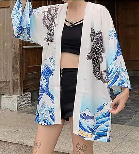 Image of LAI MENG FIVE CATS Women's Floral Print Loose Blouse Japanese Kimono Tops | Puff Sleeve,Cover up Top,Casual Cute Tops,Summer Cardigans 2026
