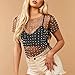 LOFAAC Women Sexy Pearl Rhinestone Beaded Sheer Mesh Crop Tee Shirt Slim Fit Short Sleeve See Through Cover Up Crop Top(S,Black)