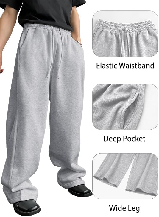 Wangdo Men's Baggy Sweatpants Wide Leg Lounge Cotton Jogging Pants Casual Elastic Waist Joggers with Pockets - Image 4