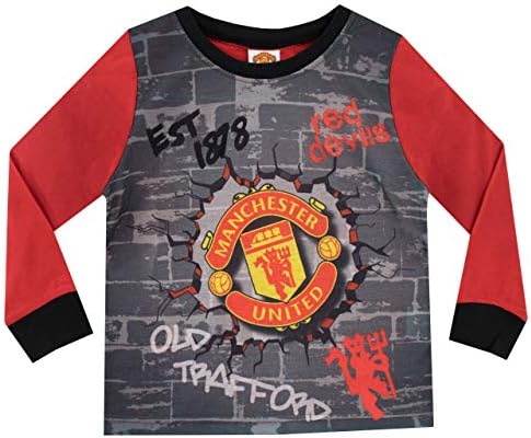 Manchester United Football Club Kids Childrens Boys Girls 2 Piece PJ, Pyjama Set, Manchester Glue, 3/4