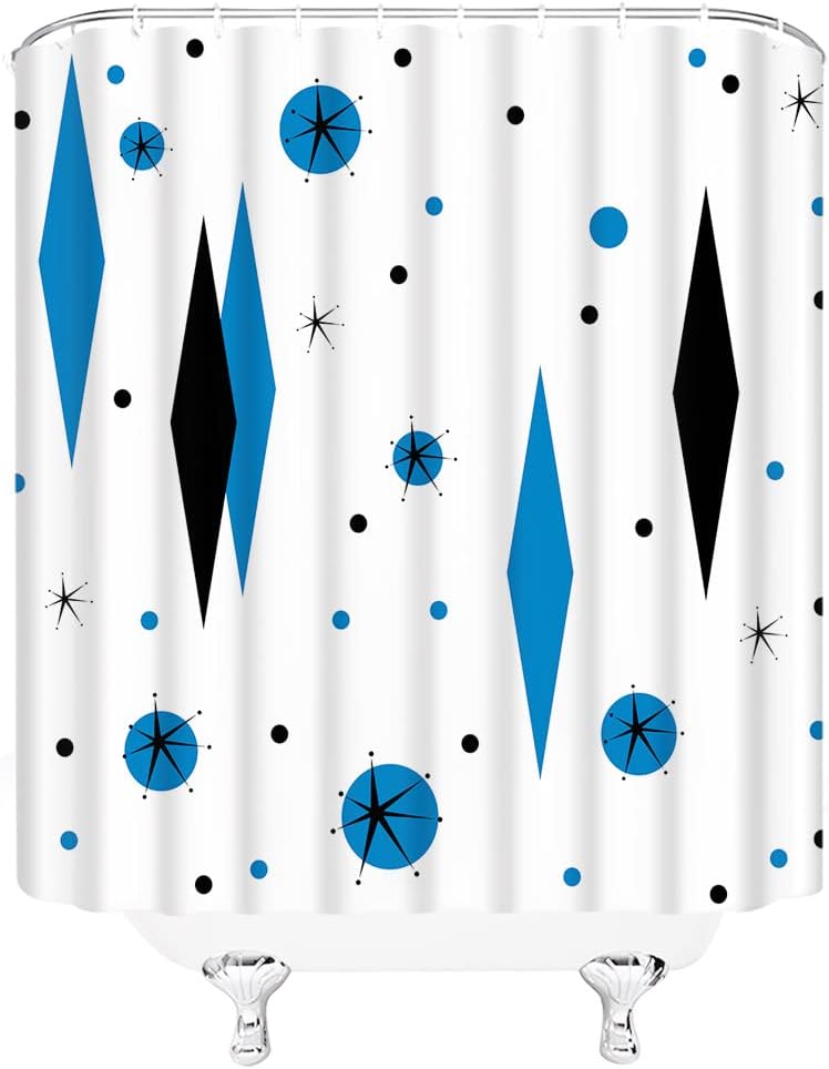 GCTNBJL Mid Century Modern Shower Curtain Retro Blue Black Diamonds Starbursts Abstract Geometric 1950s 1960s Vintage Bathroom Decor Fabric Curtain with Hooks