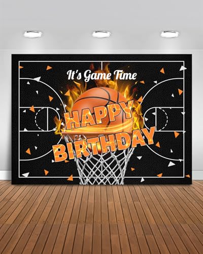 Mocsicka Basketball Birthday Backdrop Its Game Time Basketball Birthday Party Decorations Banner for Boys Men Sport Theme Happy Birthday Photography Backgrouns (Black 7x5ft(82x60))