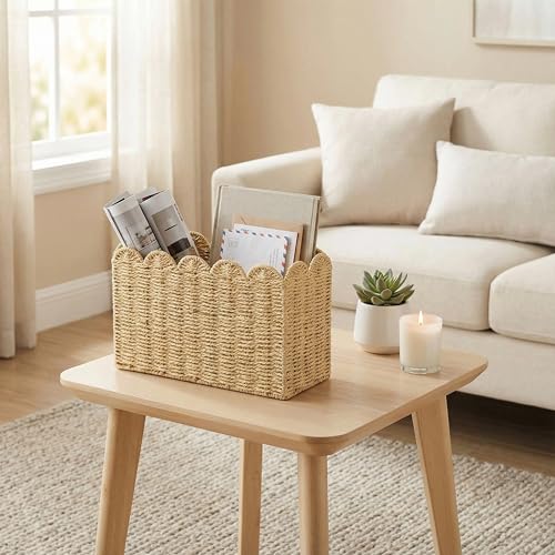 Scalloped Edge Magazine Holder Basket, Khaki Paper Rope Floor Magazine Rack, Woven Magazine File Holder Organizer for Mail, Newspapers & Books, Standing Narrow Storage for Home Office - Image 6