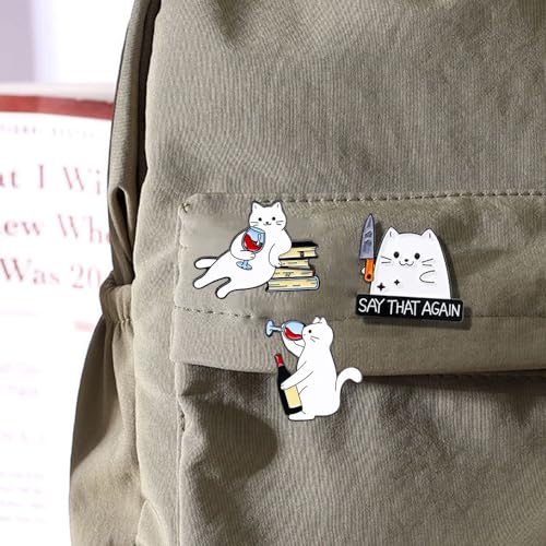 Image of White & Black Cat Enamel Lapel Pins for Women Girl Cute Animal Enamel Brooch Pins for Jackets Playful Cat Enamel Brooch Badge DIY Accessories Decor