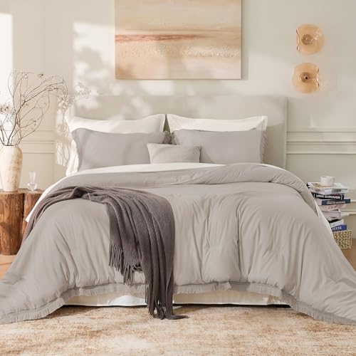 Image of Andency Queen Comforter Set Heather Grey, 3 Pieces Boho Fall Tassel Lightweight Bedding Comforter Sets, All Season Soft Bed Set (90x90In Comforter & 2 Pillowcases)