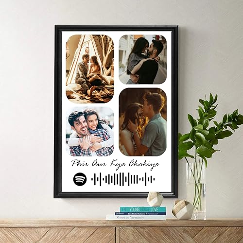 Image of 12X18 Inches Big Size Wood Wall Mount Rectangular Photo Frame With Photo Upload-Spotify Photo Frame With Scan Able Code With Your Image For Anniversary,Birthday,Gifts-4 Images,Black