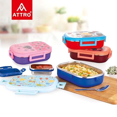 Image of Attro Food Time Deluxe Stainless Steel Lunch Box with 1 Small Container & Eyecatchy Prints Airtight & Spillproof - 750ml+250ml Football Light Blue Dark Blue