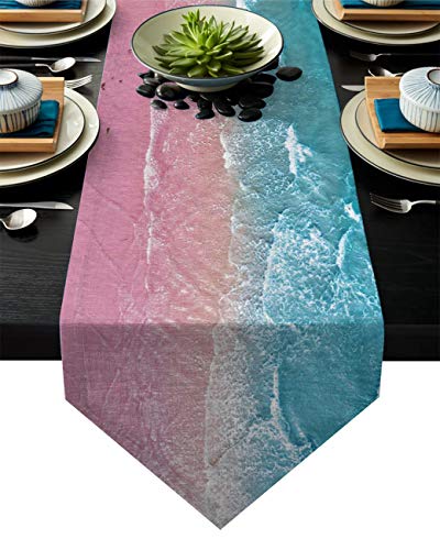 Cotton linen table runner, pink beach blue sea water burlap table…