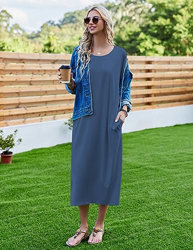 Image of Ekouaer Women's Nightgown Short Sleeve Sleepshirt Long Loungewear Casual Maxi Lounge Dress House Dresses with Pockets