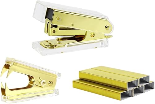 Miniatura 1 de NatSumeBasics Juego de mini grapadora y removedor de grapas de oro amarillo, grapadora manual metálica acrílica con grapas y lindo kit de removedor