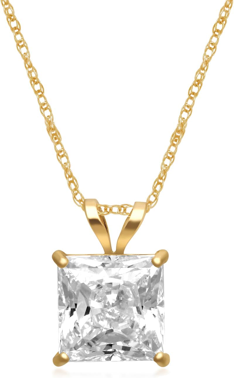 Jewelili 10K Yellow or White Gold Princess Cut Cubic Zirconia Solitaire Pendant Necklace for Women | 1.0, 1.5, or 2.0 Carat | 18 Inch Rope Chain | Gift Box Included