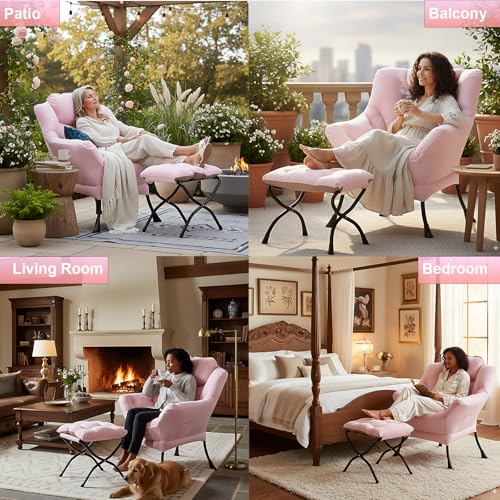 Image of LITA Lazy Chair with Armrests and Side Pocket, Modern Upholstered Accent Reading Chair for Living Room, Bedroom, Dorm, Small Spaces, Single Pink