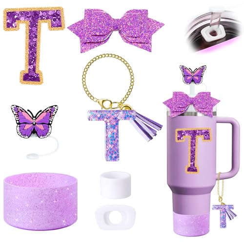 7Pcs Purple Stanley Cup Accessories Set for Stanley Cup 30&40 Oz Tumbler - Silicone Straw Cover Cap and Boot, Letter Charm for Handle, Spill Proof Stopper, Bow straw Decoration, Initial Sticker(T)
