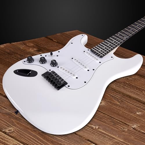 Image of LyxPro Left Hand 39 Inch Electric Guitar and Starter Kit for Lefty Full Size Beginner's Guitar, Amp, Six Strings, Two Picks, Shoulder Strap, Digital Clip On Tuner, Guitar Cable and Soft Case - White