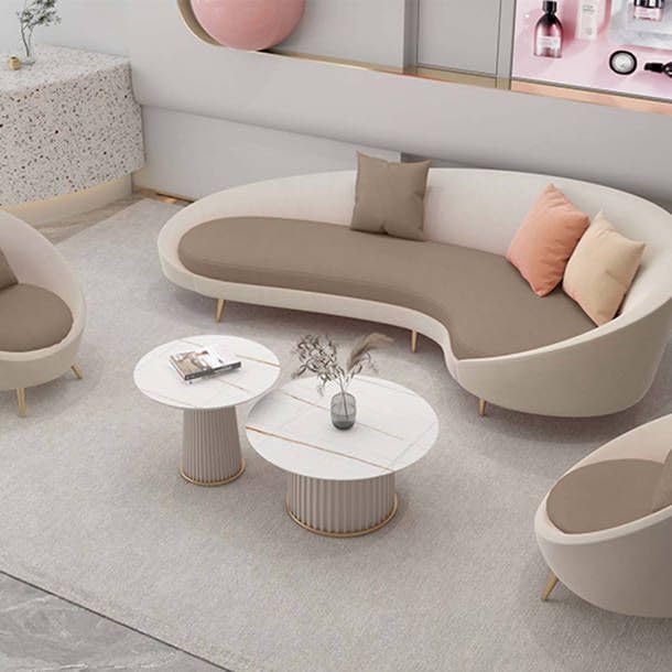 Modern Curved Living Room Sofa Set, Velvet 3-Seater with 2 Accent Chairs, Gold Metal Legs, Contemporary Design for Living Room, Bedroom (Off-White + Light Brown)-image-46