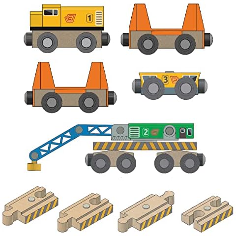 ORBRIUM Wooden Railway Work Trains Track Maintenance Crew with Breakdown Crane, Engine, Rail Inspection Engine, Track Carriers, Inspection Engine Carrier, Special Tracks, Compatible with Thomas, BRIO Cover