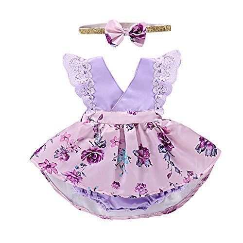 Toddler Baby Girl Clothes Floral Dress Lace Ruffle Sleeve Romper with Headband Outfit (6-12 Months, Purple)