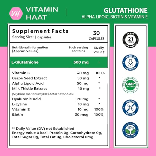 Image of Glutathione | Glutathione Supplements with Vitamin C & Biotin | Skin Whitening Capsule with Hyaluronic Acid, Vitamin E, C, Alpha Lipoic Acid & Milk Thistle | 700mg - 30 Capsules by VitaminHaat