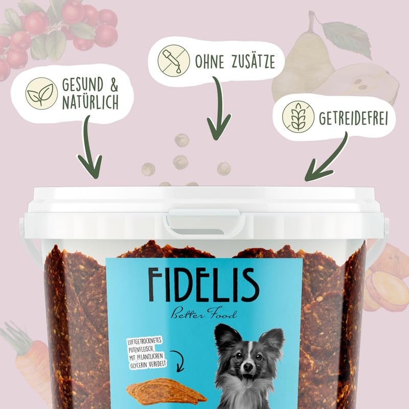 Fidelis – Putenfilets für Hunde im wiederverschließbarem 500gr-Eimer - Luftgetrocknete Hunde Leckerlis aus 100% natürlichen Rohstoffen