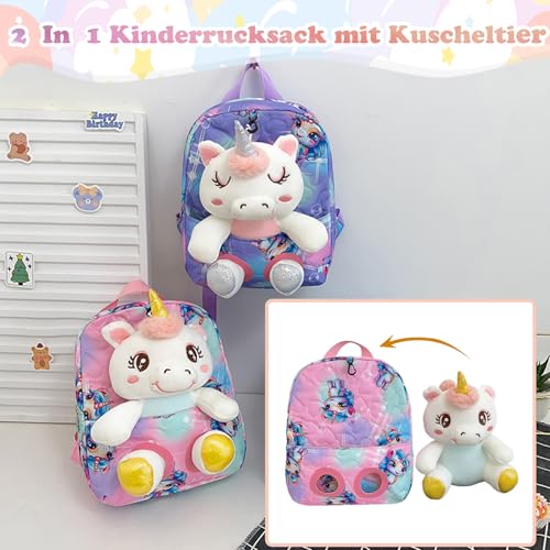 Cyiecw 2 in 1 Kinderrucksack mit Kuscheltier 25cm, Plüschspielzeug Einhorn Rucksack Mädchen, Kindergartenrucksack mit Verstellbare Gurte, für Hort Kindergarten Kinder 2 3 4 5 Jahren (Rosa)