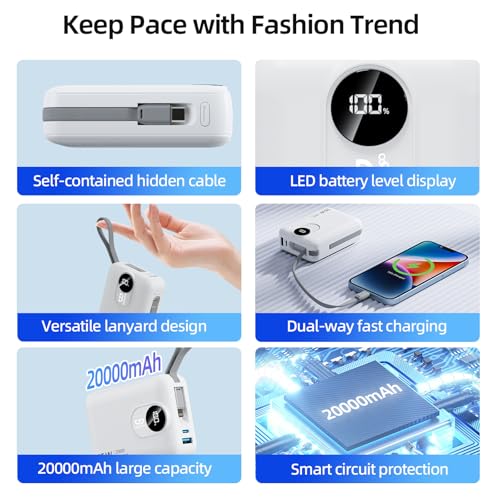 Image of GOOJODOQ Power Bank 20000mah Fast Charging, 35W Fast Charging, Laptop Power Bank with Built-in Cable, Type C PD (Input & Output) Digital Display for iPhones, iPads, Macbooks, Samsung and Others -White