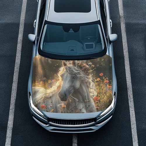 Image of Cool White Horse Car Hood Cover Protector, Elastic Polyester Flag for Car Hood, Waterproof Auto Exterior Accessories, Easy Installation for Most Sedans Trucks SUV Pickup