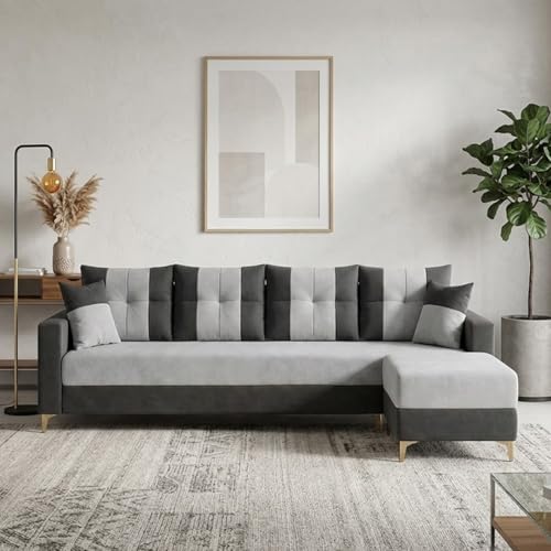Image of Cavishq 5 Seater L Shape Sofa Set with Movable Ottoman | Flexible Layout | Luxury Velvet Suede Fabric | Modern Living Room Sofa | Dark Grey-Light Grey