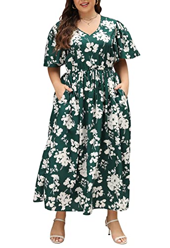 Image of Nemidor Womens Plus Size Maxi Dress Summer Boho Sundress Floral Print Flared Casual Long Dresses with Pocket