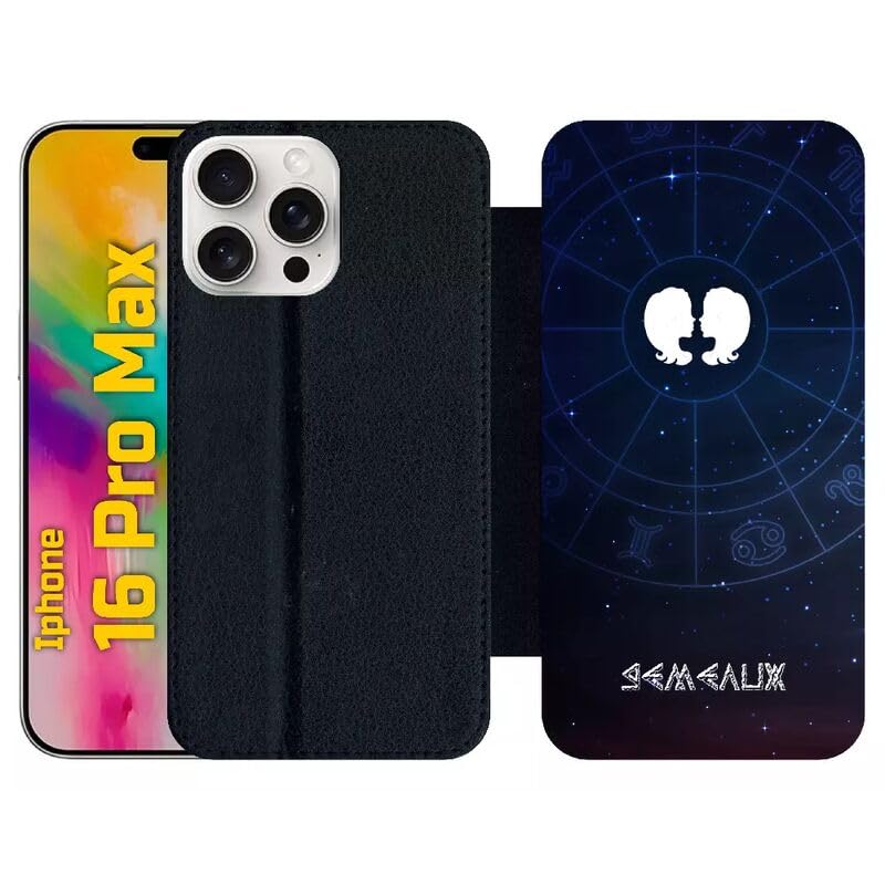 Housse iPhone 16 Pro Max Gémeaux simili-cuir anti-choc noir