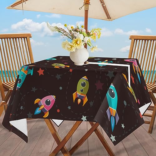 QsirBC Cartoon Rocket Outdoor Tablecloth with Umbrella Hole and Zipper Wrinkle-Free Stain Resistant Washable Square Tablecloth for Patio Garden Picnic Camping 60 X 80 Inch