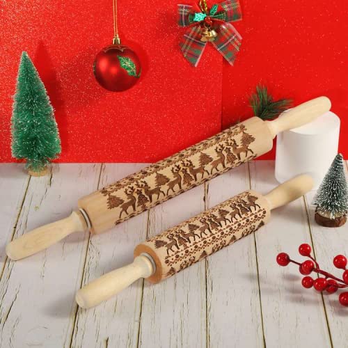 Koogel 2 Pcs Different Sizes Christmas Wooden Rolling Pins Set, Parent-Child Reindeer Rolling Pins, Pastry Rolling Pin for Cookies, Pies, Pastry, Clay