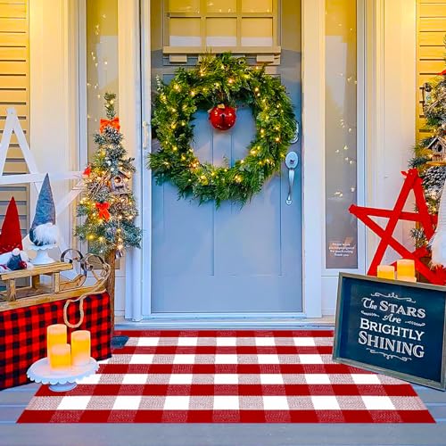 Ckorzen Red and White Plaid Rug, 3' x 5' Christmas Outdoor Front Door Decor Mat, Cotton Hand-Woven Washable Rug for Layered Door Mats Carpet for Porch, Entryway