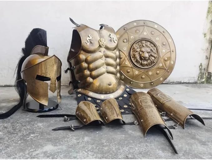 Medieval Greek Spartan Armor Set Full Bronze Finish Muscle Cuirass, Helmet, Lion Shield, Arm & Leg Guards LARP, Cosplay, Reenactment, Halloween Costume Armor Set