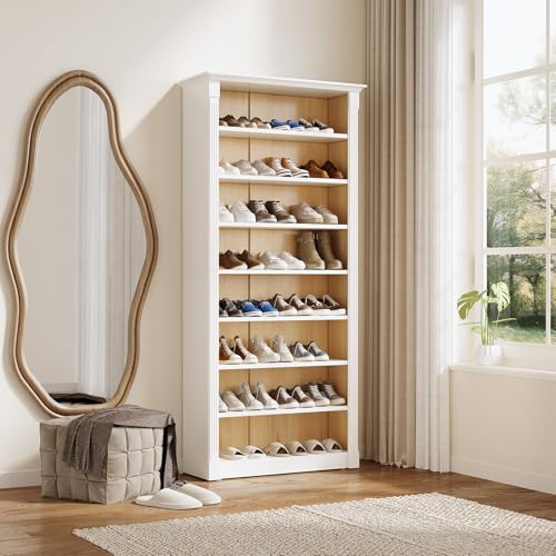 LITTLE TREE 8 Tier Tall Shoe Organizer, Large Wooden Cabinet with Adjustable Shelves, White