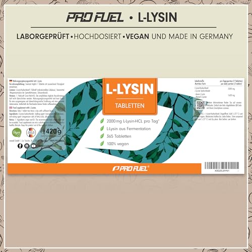 L-Lysin Tabletten 365x - optimal hochdosiert mit 2000 mg Lysin-HCL pro Tag, davon 1600 mg reines L-Lysin - essentielle Aminosäure aus Fermentation - 100% vegan - laborgeprüft mit Zertifikat