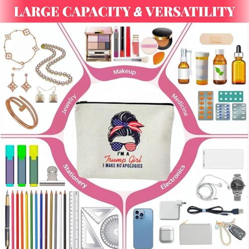Trump Merchandise Makeup Bag MAGA 47 Trump Inauguration Party Supplies Gifts for Women, Cosmetic Pouch Match with Donald T Shirt or Hat, I'm A Trump-Girl Get Over It & No Apologies Print2