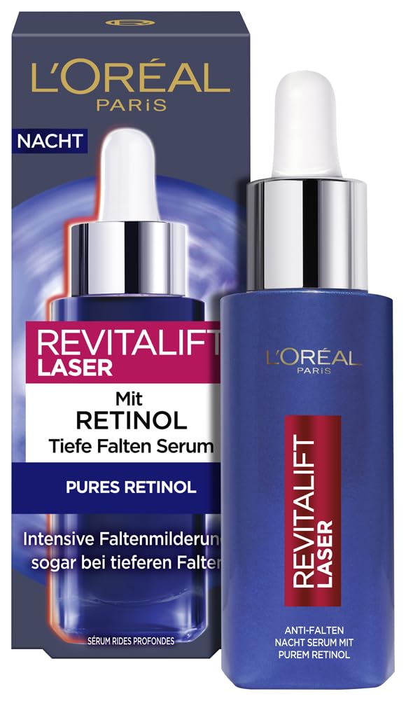 L'Oréal Paris Pures Retinol Nachtserum für gemilderte Falten, eine hydratisierte Haut & ebenmäßige Hautmit Retinol und HyaluronsäureRevitaLift Laser X3, Retinol Serum 30ml